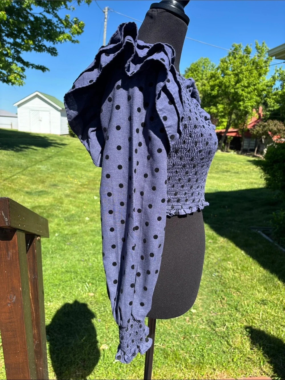 Zara Smocked Periwinkle Blue/Black Polka Dot Ruffle Sleeve Crop Top Small